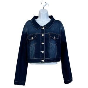 Women’s Plus Size Button Closed Cropped Denim Jacket Stitching Dark Blue Sz: 3X